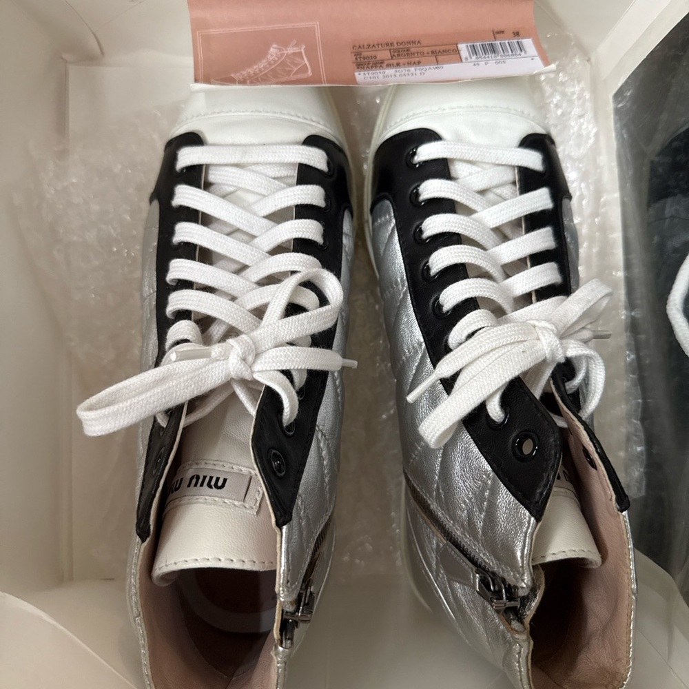Authentic Brand New Miu Miu Silver Quilted High-Top Sneakers